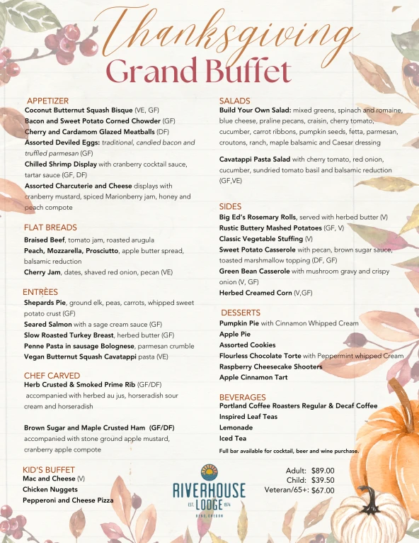 Thanksgiving Grand Buffet menu with appetizers, flat breads, entrees, sides, desserts, and beverages. Adult and kid pricing listed.