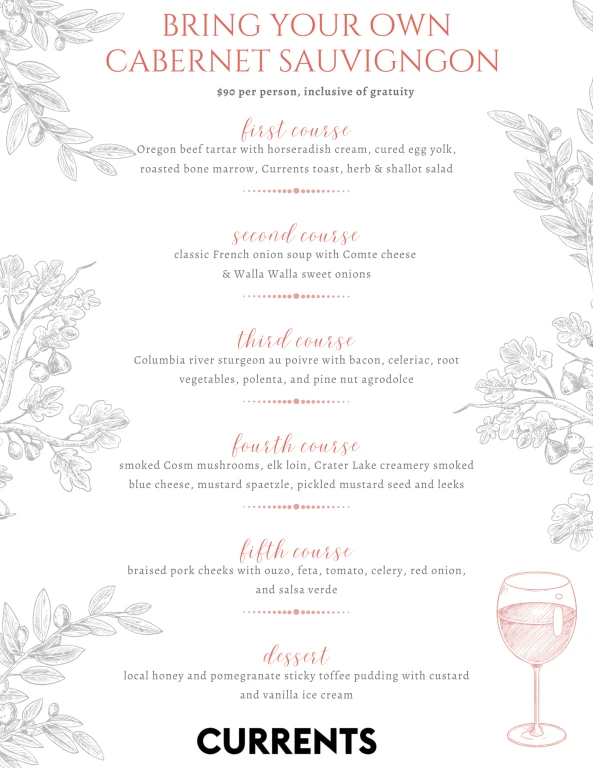 A six-course dinner menu includes scallop salad, French onion soup, beef tenderloin, lamb chops, finally dessert; bring your own Cabernet.