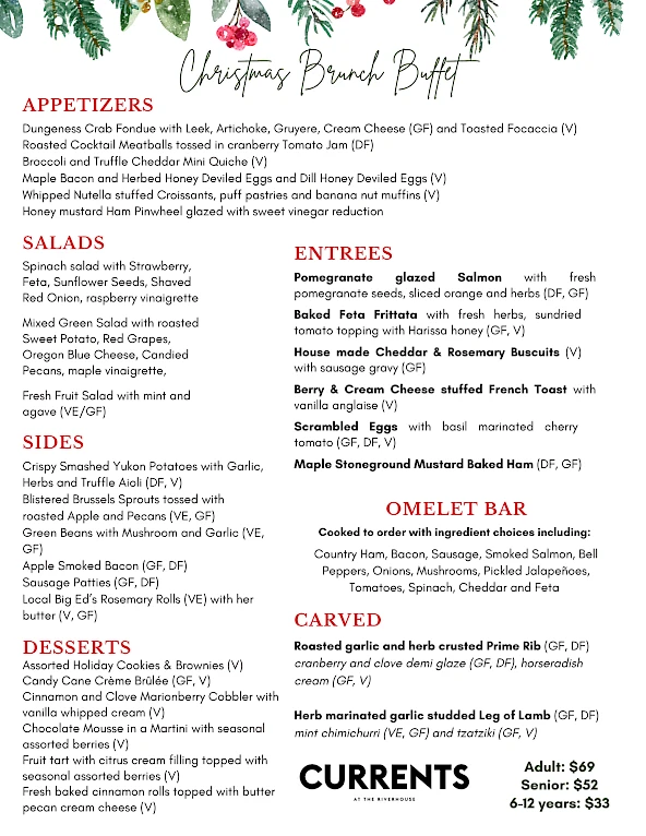 A Christmas brunch buffet menu featuring appetizers, salads, entrees, sides, desserts, and an omelet bar from Currents.