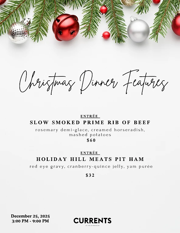 Christmas dinner menu with prime rib and pit ham entrees, prices listed, festive decoration at the top, and event details below.