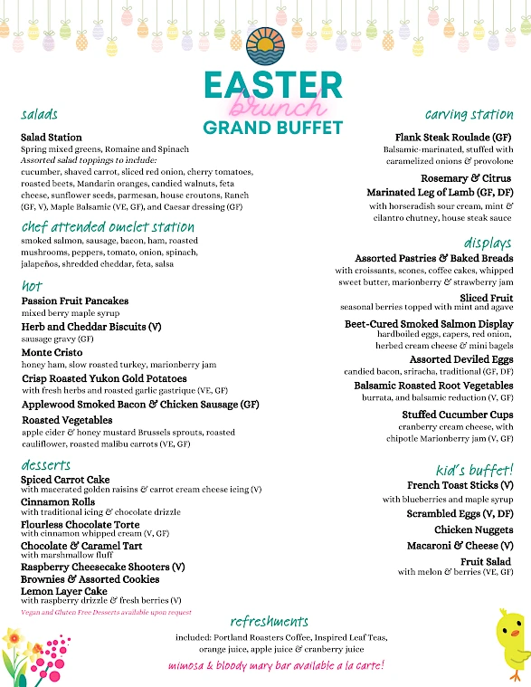 A festive Easter brunch buffet with salads, hot dishes, desserts, carving station, displays, and a kids' buffet.