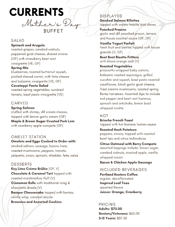 A Mother's Day buffet menu with salads, carved, omelet station, desserts, displays, hot items, included beverages, and pricing details.