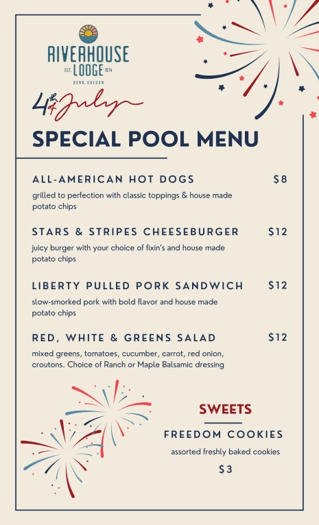 Special pool menu featuring hot dogs, cheeseburgers, pulled pork, a salad, and cookies for the 4th of July.