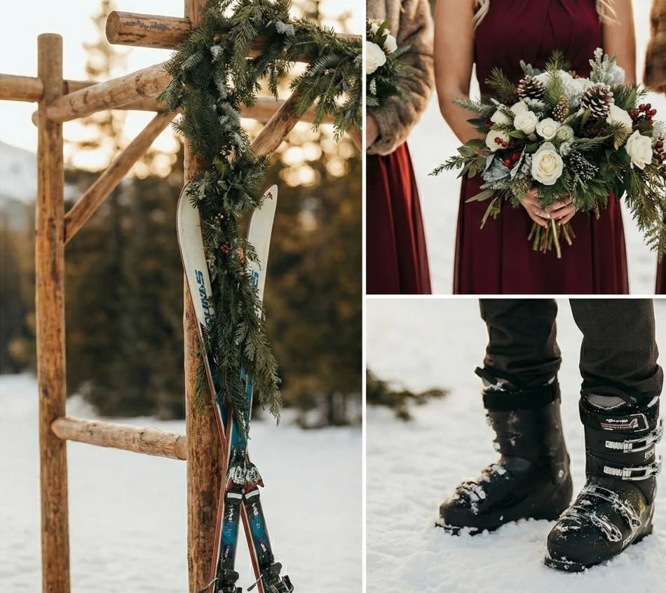 Outdoor winter wedding details: rustic wooden arch with greenery and skis, elegant burgundy bridesmaids holding bouquets, snowy boots nearby.