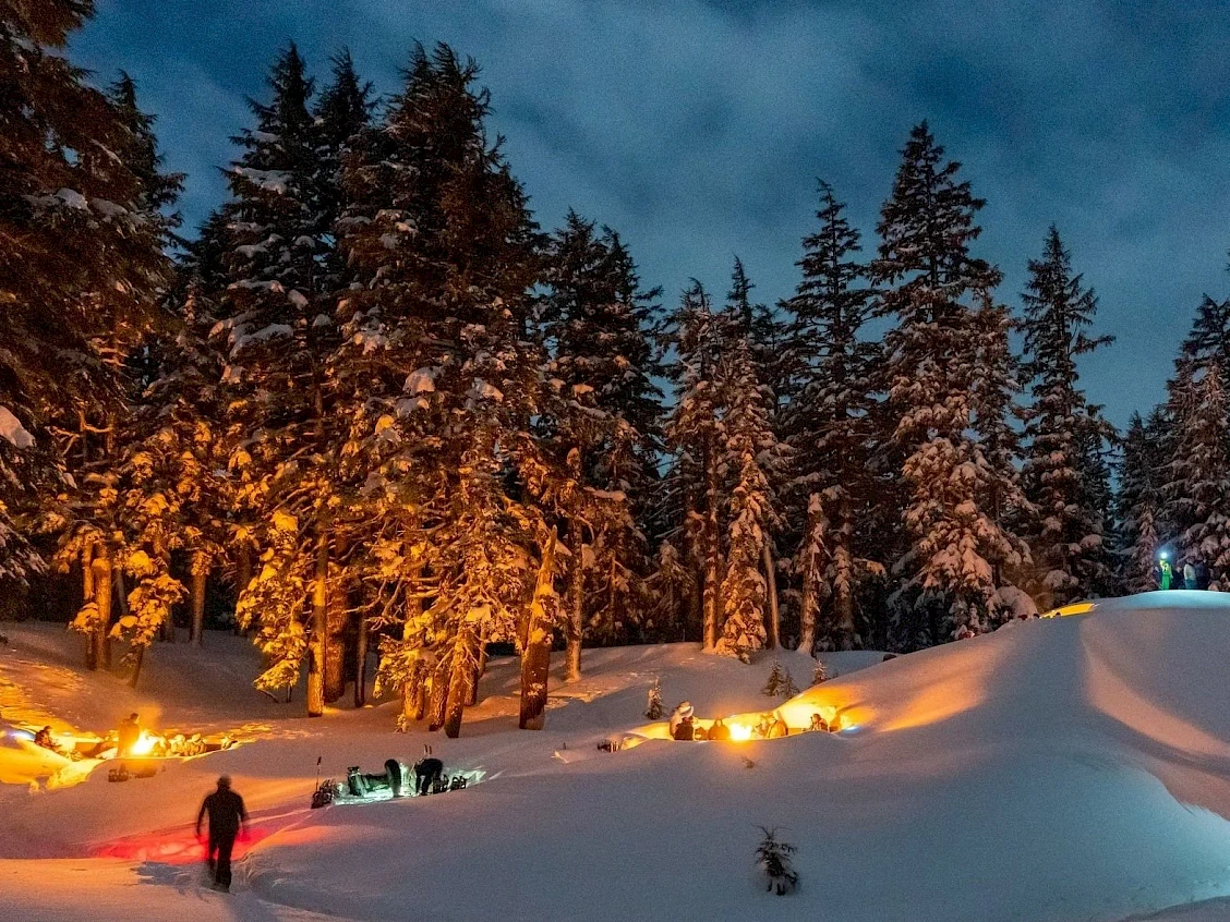 Snowy alpine night scene with pine trees, glowing orange campfire lights, and small tents scattered along a drifted slope.