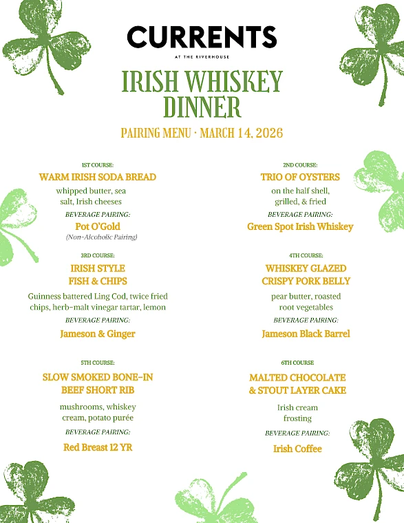 A six-course Irish whiskey dinner menu with paired drinks, including Irish soda bread, oysters, fish, pork, beef, and dessert.